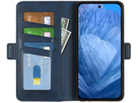 Veganes Flip Case Leder Etui Hülle mit Karten Fächer und Sichtfenster für Google Pixel 8a in dunkelblau von Screenguard
