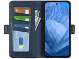 Veganes Flip Case Leder Etui Hülle mit Karten Fächer und Sichtfenster für Google Pixel 8a in dunkelblau von Screenguard
