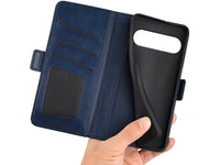 Veganes Flip Case Leder Etui Hülle mit Karten Fächer und Sichtfenster für Google Pixel 9 Pro XL in dunkelblau von Screenguard
