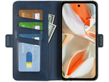 Veganes Flip Case Leder Etui Hülle mit Karten Fächer und Sichtfenster für Google Pixel 9 Pro XL in dunkelblau von Screenguard