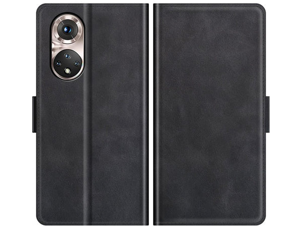 Veganes Flip Case Leder Etui Hülle mit Karten Fächer und Sichtfenster für Honor 50 Pro in schwarz von Screenguard