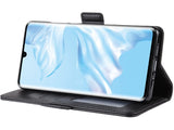 Veganes Flip Case Leder Etui Hülle mit Karten Fächer und Sichtfenster für Huawei P30 Pro in schwarz von Screenguard