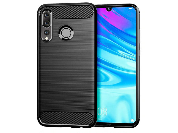 Flexible Handy Schutzhülle mit gebürster Carbon Textur auf der Rückseite für zum Schutz des Huawei P40 Lite E  Display und Gehäuse Case in schwarz von Screenguard