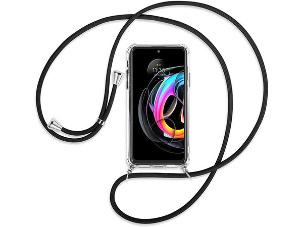 Necklace Handy Hülle mit Kordel Kette schwarz zum Tragen des Motorola Edge 20 Lite am Körper wie Handtasche Lanyard, stabil mit erhöhten Rändern und Kanten in transparent von Screenguard