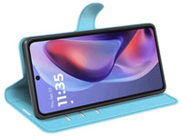 Lederhülle Karten Wallet Ledertasche Etui für Motorola Moto E15 in hellblau von Screenguard
