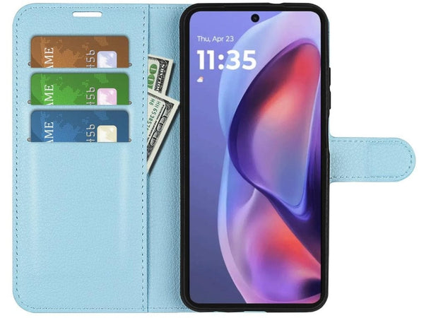 Lederhülle Portemonnaie Karten Ledertasche für Motorola Moto E15 in hellblau von Screenguard