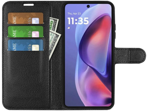 Lederhülle Portemonnaie Karten Ledertasche für Motorola Moto E15 in schwarz von Screenguard