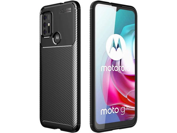 Hochwertig stabile Soft TPU Smartphone Handy Hülle im Carbon Design für Motorola Moto G30 zum Schutz des Display und Gehäuse Cover in schwarz von Screenguard