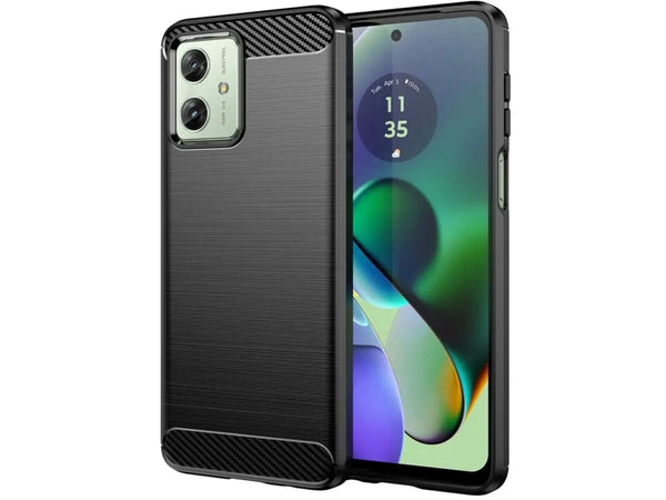 Flexible Handy Schutzhülle mit gebürster Carbon Textur auf der Rückseite für zum Schutz des Motorola Moto G54 5G  Display und Gehäuse Case in schwarz von Screenguard