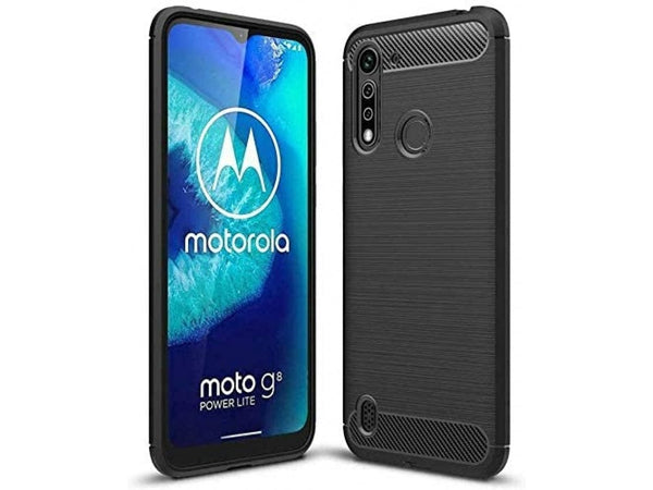 Flexible Handy Schutzhülle mit gebürster Carbon Textur auf der Rückseite für zum Schutz des Motorola Moto G8 Power Lite  Display und Gehäuse Case in schwarz von Screenguard