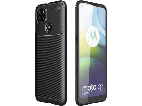 Hochwertig stabile Soft TPU Smartphone Handy Hülle im Carbon Design für Motorola Moto G9 Power zum Schutz des Display und Gehäuse Cover in schwarz von Screenguard