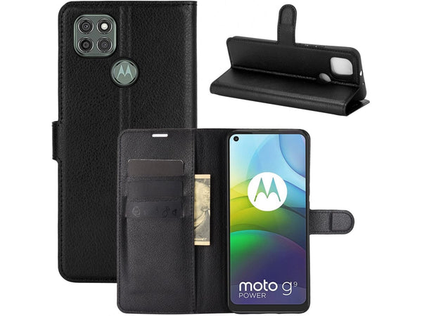 Lederhülle Portemonnaie Karten Ledertasche für Motorola Moto G9 Power in schwarz von Screenguard