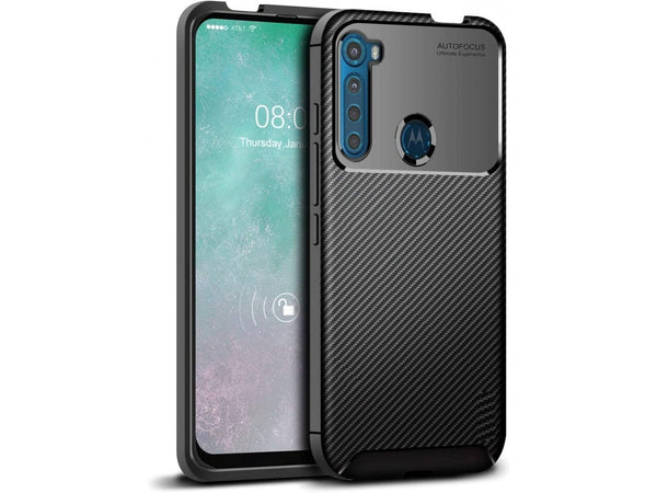 Hochwertig stabile Soft TPU Smartphone Handy Hülle im Carbon Design für Motorola One Fusion+ zum Schutz des Display und Gehäuse Cover in schwarz von Screenguard