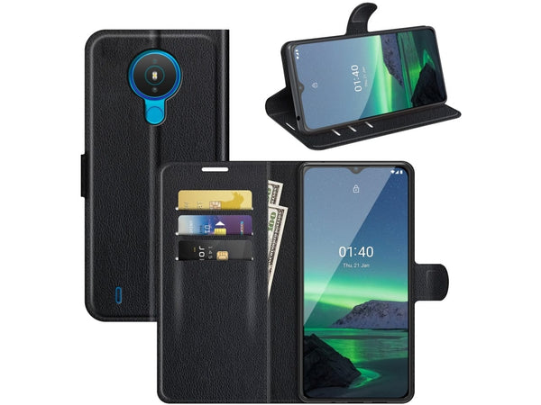 Lederhülle Portemonnaie Karten Ledertasche für Nokia 1.4 in schwarz von Screenguard