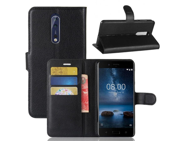 Lederhülle Portemonnaie Karten Ledertasche für Nokia 8 in schwarz von Screenguard