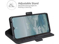 Veganes Flip Case Leder Etui Hülle mit Karten Fächer und Sichtfenster für Nokia G10 in schwarz von Screenguard