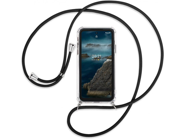 Necklace Handy Hülle mit Kordel Kette schwarz zum Tragen des Nokia XR20 am Körper wie Handtasche Lanyard, stabil mit erhöhten Rändern und Kanten in transparent von Screenguard