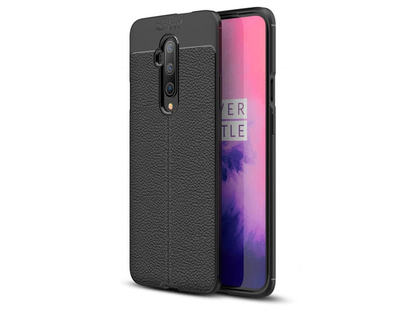 Soft TPU Case mit Design aus feinem veganen Leder für OnePlus 7T Pro stabil mit erhöhten Rändern und Kanten in schwarz von Screenguard