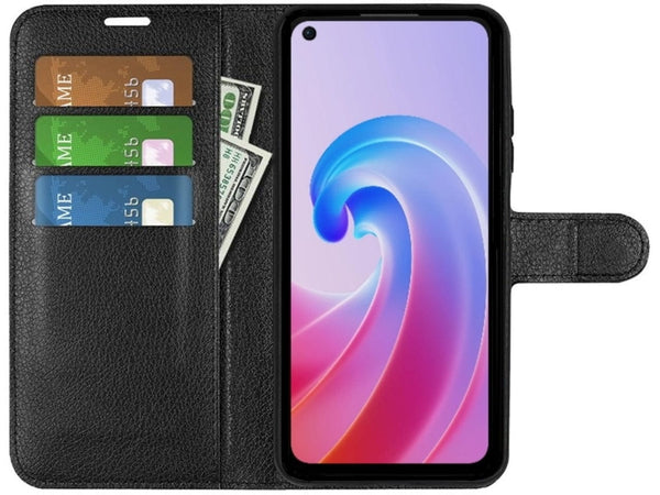 Lederhülle Portemonnaie Karten Ledertasche für Oppo A96 4G in schwarz von Screenguard