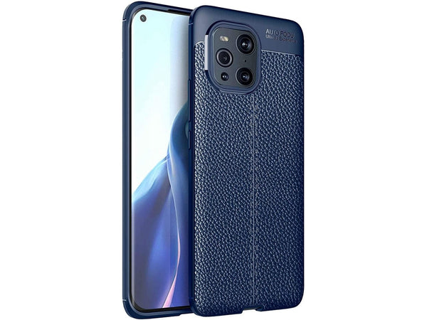 Soft TPU Case mit Design aus feinem veganen Leder für Oppo Find X3 Pro stabil mit erhöhten Rändern und Kanten in blau von Screenguard