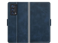 Veganes Flip Case Leder Etui Hülle mit Karten Fächer und Sichtfenster für Oppo Reno6 Pro 5G in dunkelblau von Screenguard