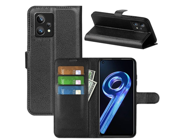 Lederhülle Portemonnaie Karten Ledertasche für Realme 9 5G in schwarz von Screenguard