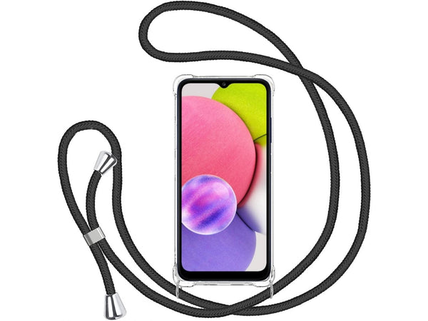 Necklace Handy Hülle mit Kordel Kette schwarz zum Tragen des Samsung Galaxy A03s am Körper wie Handtasche Lanyard, stabil mit erhöhten Rändern und Kanten in transparent von Screenguard