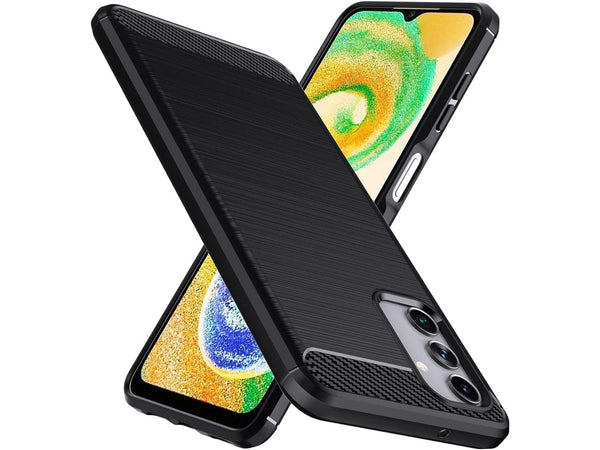 Flexible Handy Schutzhülle mit gebürster Carbon Textur auf der Rückseite für zum Schutz des Samsung Galaxy A04s  Display und Gehäuse Case in schwarz von Screenguard