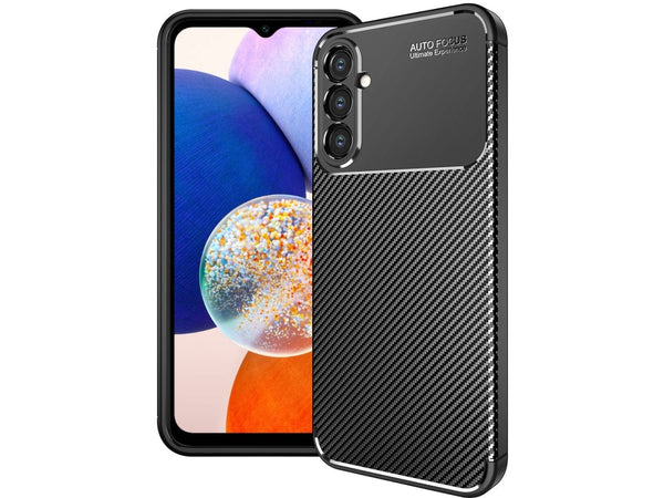 Hochwertig stabile Soft TPU Smartphone Handy Hülle im Carbon Design für Samsung Galaxy A14 5G zum Schutz des Display und Gehäuse Cover in schwarz von Screenguard