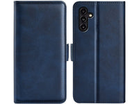 Veganes Flip Case Leder Etui Hülle mit Karten Fächer und Sichtfenster für Samsung Galaxy A14 5G in dunkelblau von Screenguard