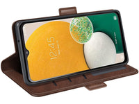 Veganes Flip Case Leder Etui Hülle mit Karten Fächer und Sichtfenster für Samsung Galaxy A14 5G in mokka von Screenguard
