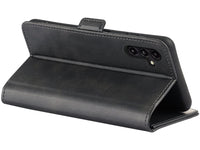 Veganes Flip Case Leder Etui Hülle mit Karten Fächer und Sichtfenster für Samsung Galaxy A14 5G in schwarz von Screenguard