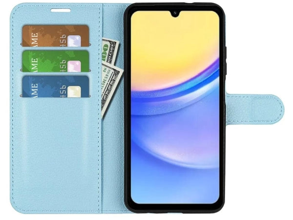 Lederhülle Portemonnaie Karten Ledertasche für Samsung Galaxy A15 5G in hellblau von Screenguard