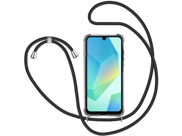 Necklace Handy Hülle mit Kordel Kette schwarz zum Tragen des Samsung Galaxy A16 5G am Körper wie Handtasche Lanyard, stabil mit erhöhten Rändern und Kanten in transparent von Screenguard