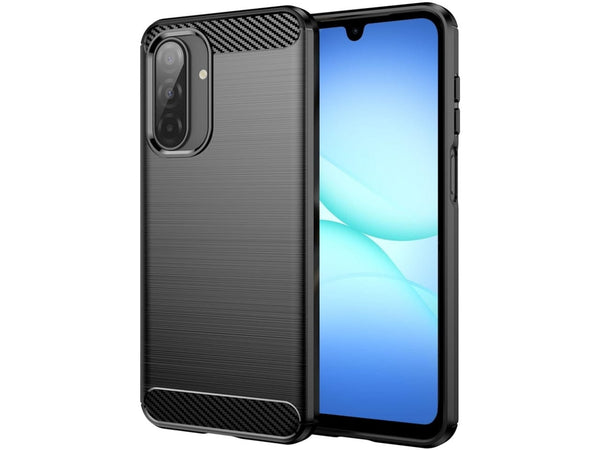 Flexible Handy Schutzhülle mit gebürster Carbon Textur auf der Rückseite für zum Schutz des Samsung Galaxy A17 5G  Display und Gehäuse Case in schwarz von Screenguard