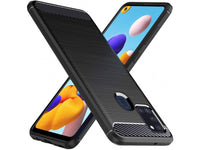 Flexible Handy Schutzhülle mit gebürster Carbon Textur auf der Rückseite für zum Schutz des Samsung Galaxy A21s  Display und Gehäuse Case in schwarz von Screenguard