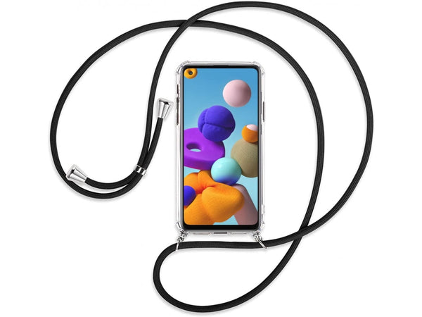 Necklace Handy Hülle mit Kordel Kette schwarz zum Tragen des Samsung Galaxy A21s am Körper wie Handtasche Lanyard, stabil mit erhöhten Rändern und Kanten in transparent von Screenguard