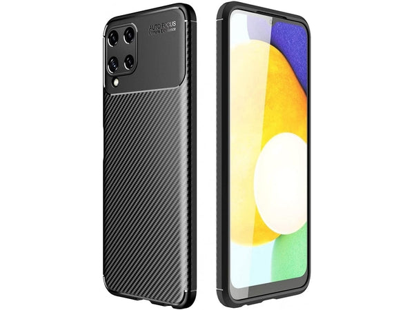 Hochwertig stabile Soft TPU Smartphone Handy Hülle im Carbon Design für Samsung Galaxy A22 4G zum Schutz des Display und Gehäuse Cover in schwarz von Screenguard