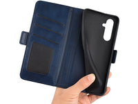 Veganes Flip Case Leder Etui Hülle mit Karten Fächer und Sichtfenster für Samsung Galaxy A34 5G in dunkelblau von Screenguard