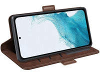 Veganes Flip Case Leder Etui Hülle mit Karten Fächer und Sichtfenster für Samsung Galaxy A34 5G in mokka von Screenguard