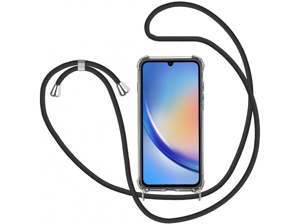 Necklace Handy Hülle mit Kordel Kette schwarz zum Tragen des Samsung Galaxy A34 5G am Körper wie Handtasche Lanyard, stabil mit erhöhten Rändern und Kanten in transparent von Screenguard