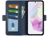 Veganes Flip Case Leder Etui Hülle mit Karten Fächer und Sichtfenster für Samsung Galaxy A35 5G in dunkelblau von Screenguard