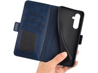 Veganes Flip Case Leder Etui Hülle mit Karten Fächer und Sichtfenster für Samsung Galaxy A35 5G in dunkelblau von Screenguard