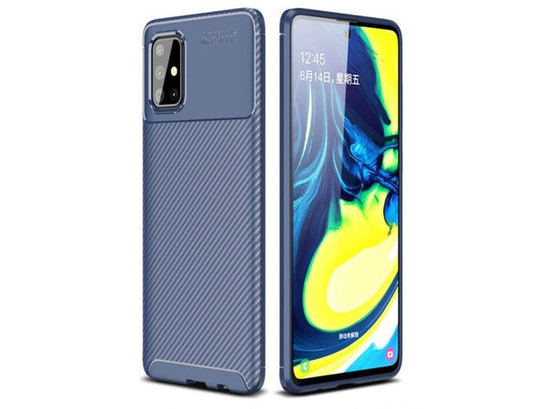 Hochwertig stabile Soft TPU Smartphone Handy Hülle im Carbon Design für Samsung Galaxy A51 4G zum Schutz des Display und Gehäuse Cover in blau von Screenguard