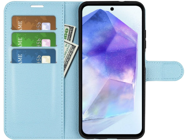 Lederhülle Portemonnaie Karten Ledertasche für Samsung Galaxy A55 5G in hellblau von Screenguard