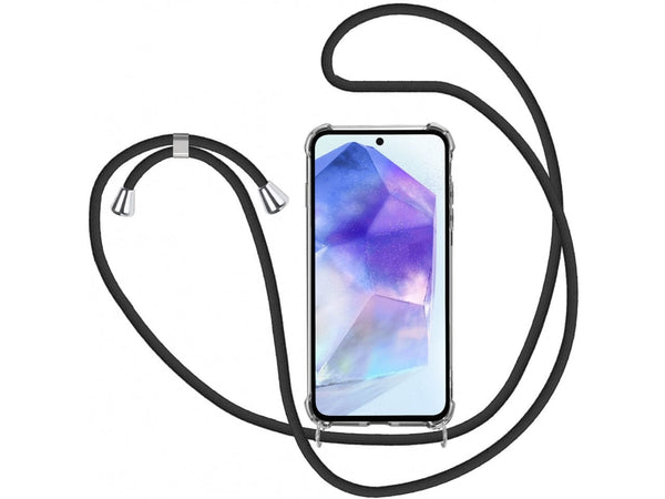 Necklace Handy Hülle mit Kordel Kette schwarz zum Tragen des Samsung Galaxy A55 5G am Körper wie Handtasche Lanyard, stabil mit erhöhten Rändern und Kanten in transparent von Screenguard