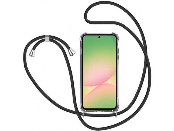 Necklace Handy Hülle mit Kordel Kette schwarz zum Tragen des Samsung Galaxy A56 am Körper wie Handtasche Lanyard, stabil mit erhöhten Rändern und Kanten in transparent von Screenguard