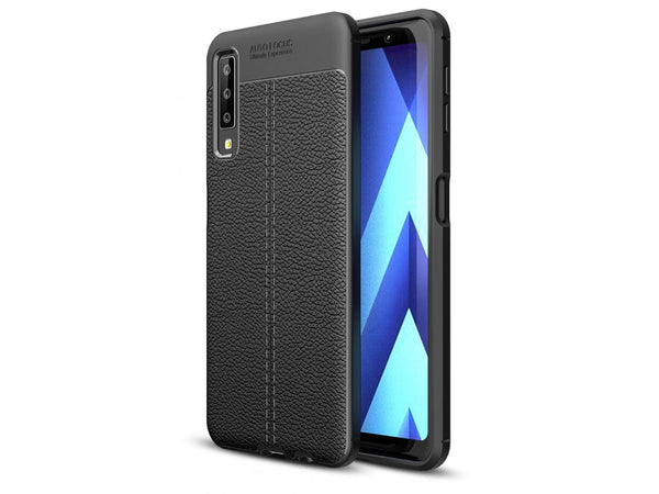 Soft TPU Case mit Design aus feinem veganen Leder für Samsung Galaxy A7 2018 stabil mit erhöhten Rändern und Kanten in schwarz von Screenguard