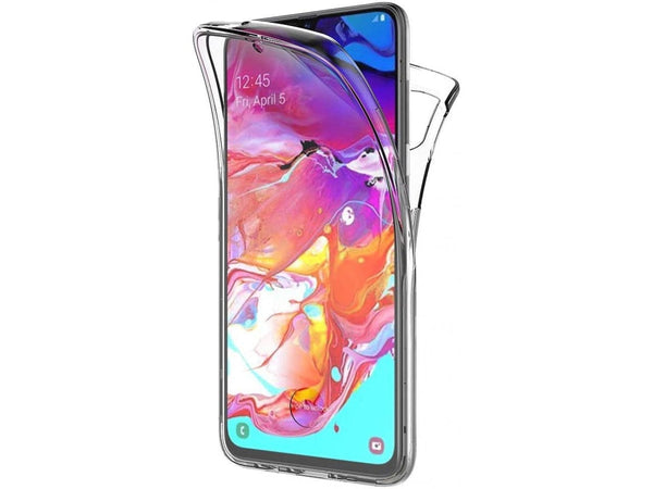 Vollständige 360 Grad Rundum Gummi TPU Hülle zum beidseitigen Schutz des Samsung Galaxy A70 Display und Gehäuse in transparent von Screenguard