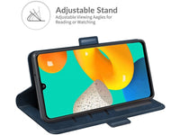 Veganes Flip Case Leder Etui Hülle mit Karten Fächer und Sichtfenster für Samsung Galaxy M32 in dunkelblau von Screenguard